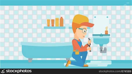A woman sitting in a bathroom and repairing a sink with a spanner vector flat design illustration. Horizontal layout.. Woman repairing sink.