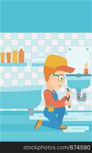 A woman sitting in a bathroom and repairing a sink with a spanner vector flat design illustration. Vertical layout.. Woman repairing sink.