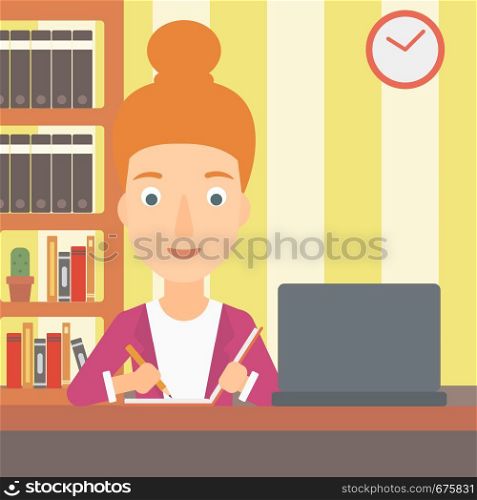 A woman sitting in front of laptop and taking some notes on the background of room vector flat design illustration. Square layout.. Woman using laptop for education.