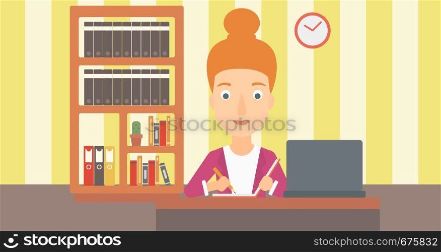A woman sitting in front of laptop and taking some notes on the background of room vector flat design illustration. Horizontal layout.. Woman using laptop for education.