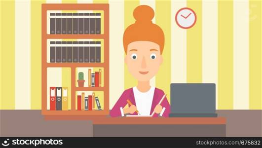 A woman sitting in front of laptop and taking some notes on the background of room vector flat design illustration. Horizontal layout.. Woman using laptop for education.