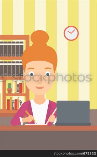 A woman sitting in front of laptop and taking some notes on the background of room vector flat design illustration. Vertical layout.. Woman using laptop for education.