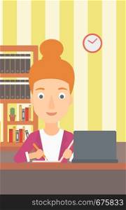 A woman sitting in front of laptop and taking some notes on the background of room vector flat design illustration. Vertical layout.. Woman using laptop for education.