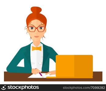 A woman sitting in front of laptop and taking some notes vector flat design illustration isolated on white background. Vertical layout.. Woman using laptop for education.