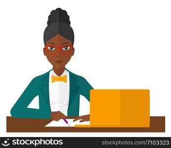 A woman sitting in front of laptop and taking some notes vector flat design illustration isolated on white background. . Woman using laptop for education.
