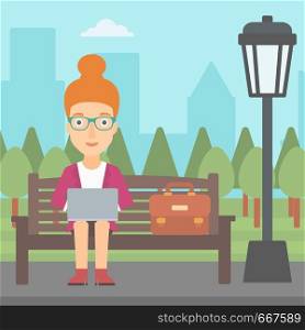 A woman sitting in the park on a bench and working on a laptop vector flat design illustration. Square layout.. Woman working on laptop.