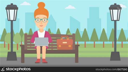 A woman sitting in the park on a bench and working on a laptop vector flat design illustration. Horizontal layout.. Woman working on laptop.