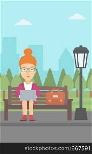 A woman sitting in the park on a bench and working on a laptop vector flat design illustration. Vertical layout.. Woman working on laptop.