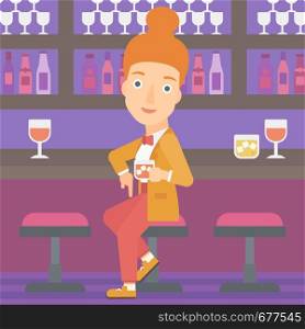 A woman sitting near the bar counter and holding a glass vector flat design illustration. Square layout.. Woman sitting at bar.