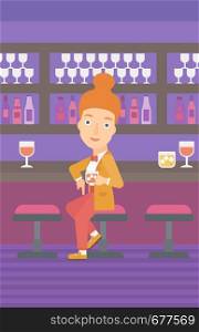 A woman sitting near the bar counter and holding a glass vector flat design illustration. Vertical layout.. Woman sitting at bar.
