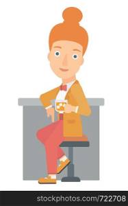 A woman sitting near the bar counter vector flat design illustration isolated on white background. . Woman sitting at bar.
