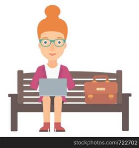 A woman sitting on a bench and working on a laptop vector flat design illustration isolated on white background. . Woman working on laptop.
