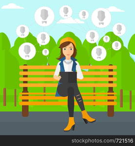 A woman sitting on a bench in the park and holding a tablet computer with many avatar icons above vector flat design illustration. Square layout.. Social media network.