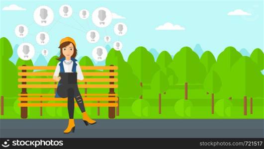 A woman sitting on a bench in the park and holding a tablet computer with many avatar icons above vector flat design illustration. Horizontal layout.. Social media network.