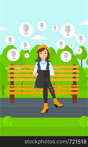 A woman sitting on a bench in the park and holding a tablet computer with many avatar icons above vector flat design illustration. Vertical layout.. Social media network.