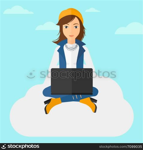 A woman sitting on a cloud with a laptop on knees on the background of blue sky vector flat design illustration. Square layout. . Woman working on laptop.