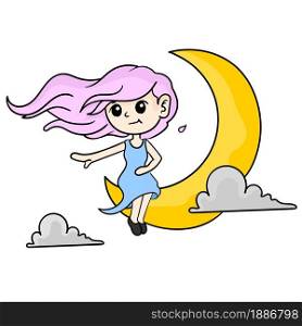 a woman sitting on a crescent moon. cartoon illustration sticker emoticon