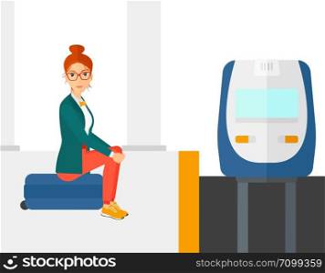 A woman sitting on a railway platform and waiting for a train vector flat design illustration isolated on white background.. Woman sitting on railway platform.