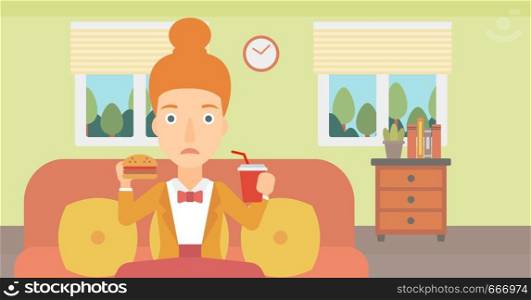A woman sitting on a sofa while eating hamburger and drinking soda on the background of living room vector flat design illustration. Horizontal layout.. Woman eating hamburger.