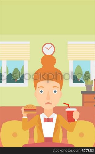 A woman sitting on a sofa while eating hamburger and drinking soda on the background of living room vector flat design illustration. Vertical layout.. Woman eating hamburger.