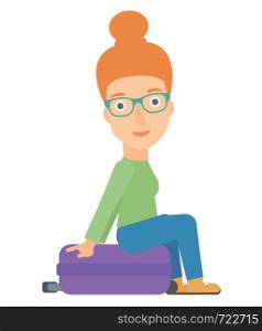 A woman sitting on her suitcase vector flat design illustration isolated on white background.. Woman sitting on his suitcase.