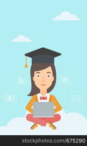 A woman sitting on the cloud with a laptop and some icons connected to the laptop on the background of blue sky vector flat design illustration. Vertical layout.. Graduate sitting on cloud.