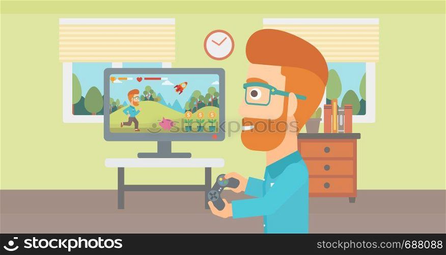 A woman sitting on the couch in living room and watching tv vector flat design illustration. Horizontal layout.. Man playing video game.