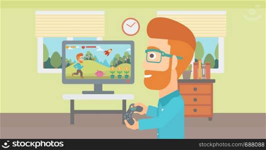 A woman sitting on the couch in living room and watching tv vector flat design illustration. Horizontal layout.. Man playing video game.