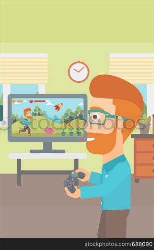 A woman sitting on the couch in living room and watching tv vector flat design illustration. Vertical layout.. Man playing video game.
