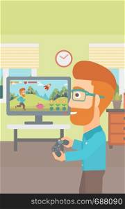 A woman sitting on the couch in living room and watching tv vector flat design illustration. Vertical layout.. Man playing video game.