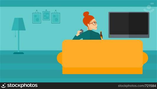 A woman sitting on the couch in living room and watching tv with remote controller in one hand and a bottle in another vector flat design illustration. Horizontal layout.. Woman watching TV.