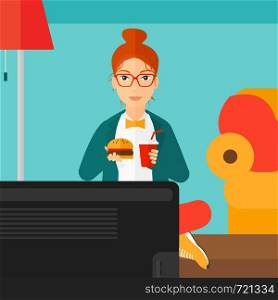 A woman sitting on the floor in living room while eating hamburger and drinking soda vector flat design illustration. Square layout.. Woman eating hamburger.