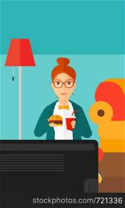 A woman sitting on the floor in living room while eating hamburger and drinking soda vector flat design illustration. Vertical layout.. Woman eating hamburger.