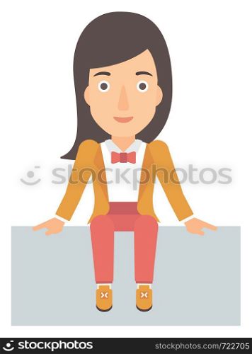 A woman sitting vector flat design illustration isolated on white background. . Smiling woman sitting.