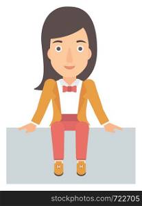 A woman sitting vector flat design illustration isolated on white background. . Smiling woman sitting.
