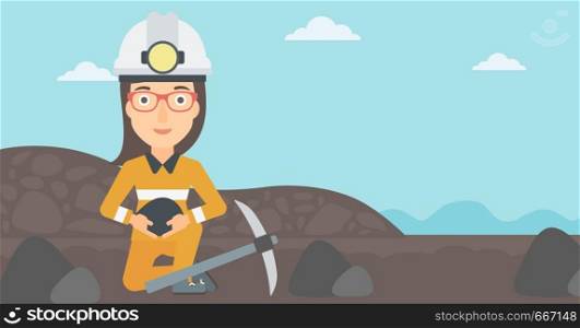 A woman sitting with coal in hands and a pickaxe on the background of coal mine vector flat design illustration. Horizontal layout.. Miner holding coal in hands.