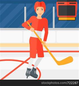 A woman skating with a stick on ice rink vector flat design illustration. Square layout.. Ice-hockey player with stick.