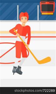 A woman skating with a stick on ice rink vector flat design illustration. Vertical layout.. Ice-hockey player with stick.