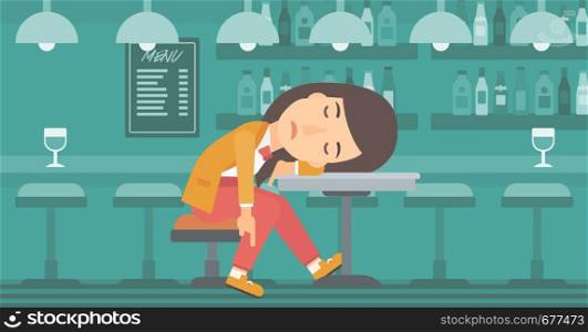 A woman sleeping at the bar at the table vector flat design illustration. Horizontal layout.. Woman sleeping in bar.