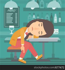 A woman sleeping at the bar at the table vector flat design illustration. Square layout.. Woman sleeping in bar.