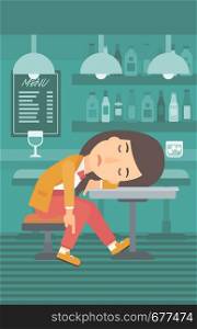 A woman sleeping at the bar at the table vector flat design illustration. Vertical layout.. Woman sleeping in bar.