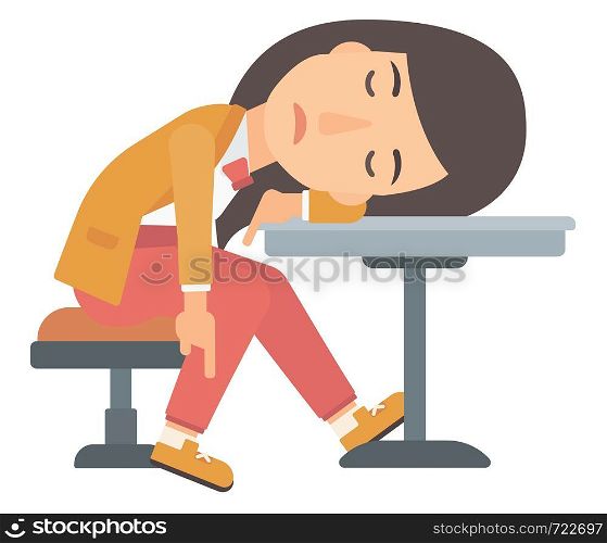A woman sleeping at the table vector flat design illustration isolated on white background. . Woman sleeping in bar.