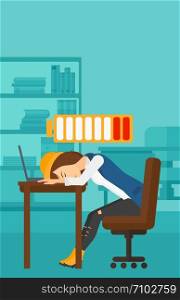 A woman sleeping at workplace on laptop keyboard and low power battery sign over her head on the background of business office vector flat design illustration. Vertical layout.. Employee sleeping at workplace.