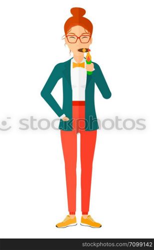 A woman smoking a cigar vector flat design illustration isolated on white background. . Woman smoking cigar.