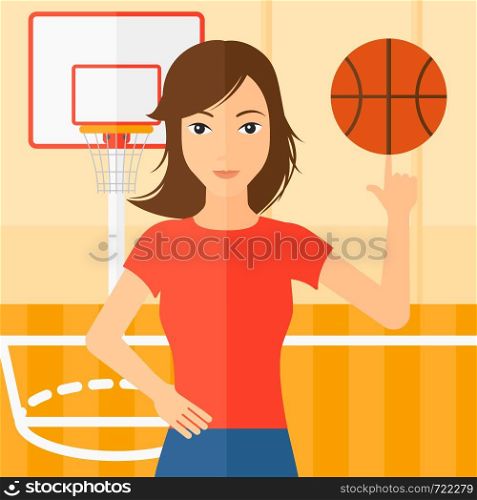 A woman spinning basketball ball on her finger on the background of basketball court vector flat design illustration. Square layout.. Basketball player spinning ball.