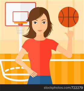 A woman spinning basketball ball on her finger on the background of basketball court vector flat design illustration. Square layout.. Basketball player spinning ball.