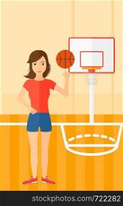 A woman spinning basketball ball on her finger on the background of basketball court vector flat design illustration. Vertical layout.. Basketball player spinning ball.