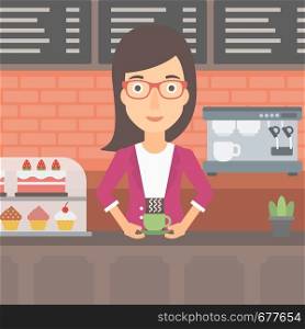 A woman standing at the counter with cup of coffee on the background of bakery with pastry and coffee maker vector flat design illustration. Square layout.. Woman making coffee.