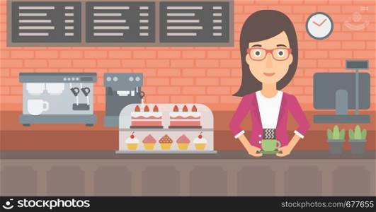 A woman standing at the counter with cup of coffee on the background of bakery with pastry and coffee maker vector flat design illustration. Horizontal layout.. Woman making coffee.