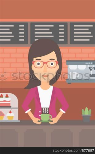 A woman standing at the counter with cup of coffee on the background of bakery with pastry and coffee maker vector flat design illustration. Vertical layout.. Woman making coffee.